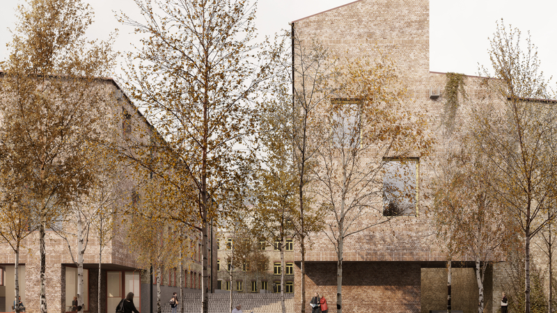 Entwurf eines Backsteingebäudes auf dem Klett-Areal hinter Bäumen auf einem zentralen Platz.